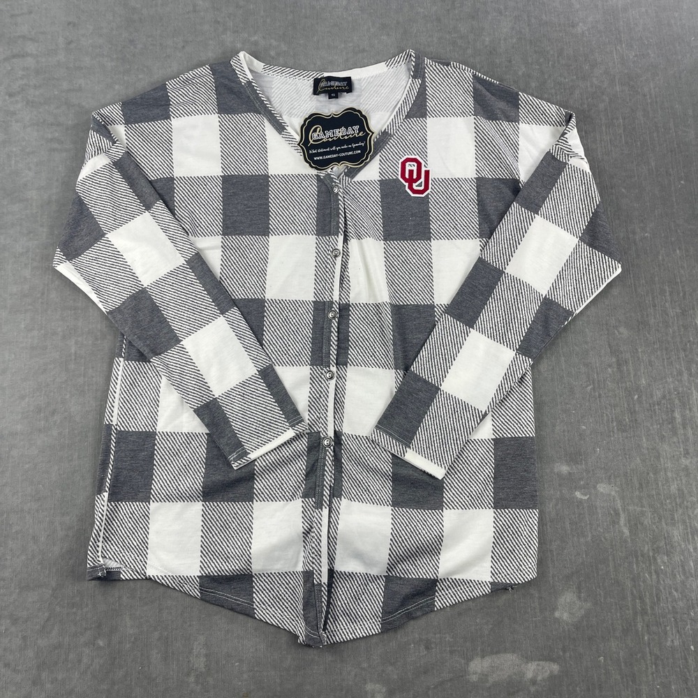 Oklahoma Sooners Gameday Couture Women S Grey Buffalo Plaid Cardigan Top OU Logo